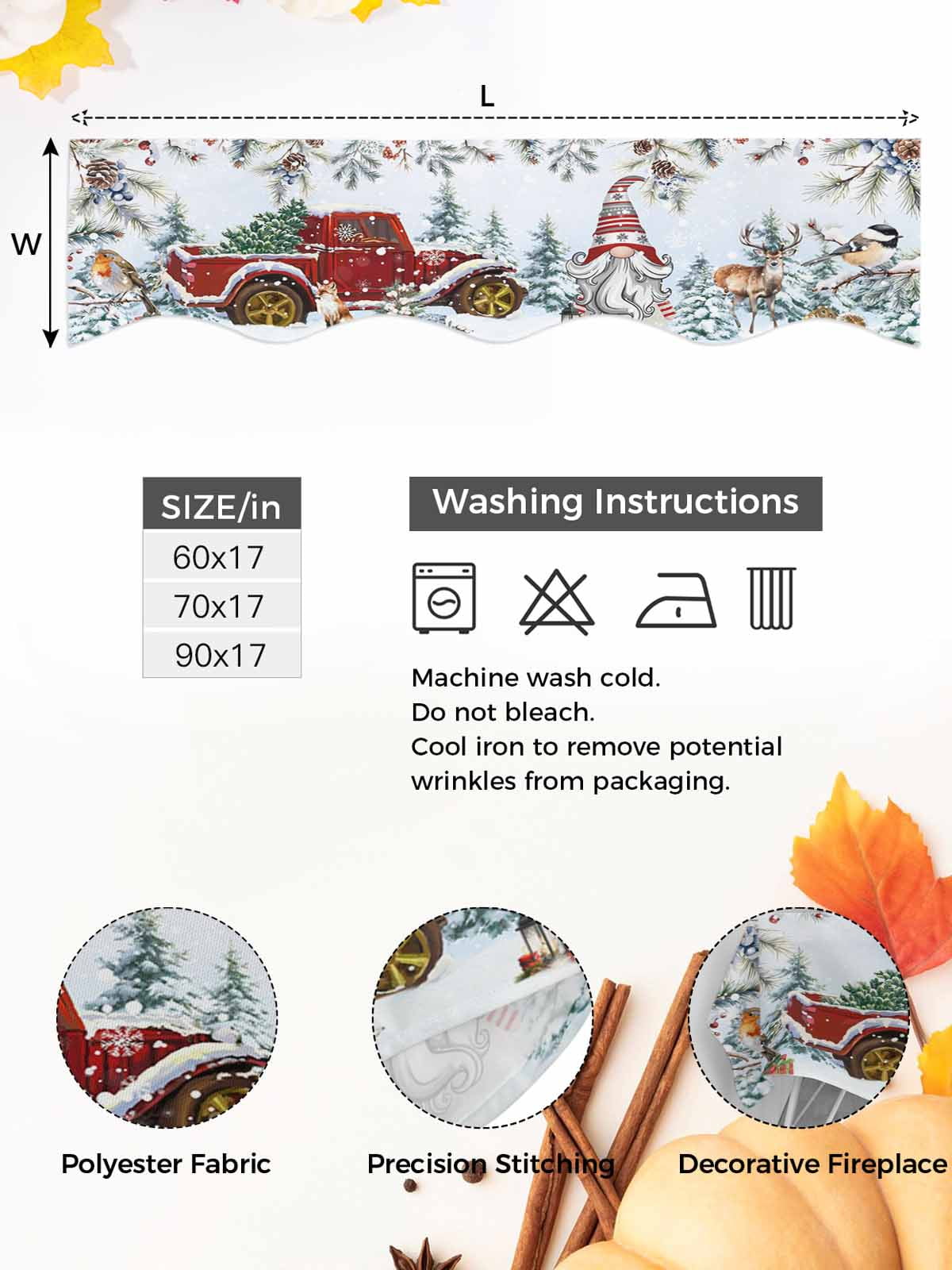 Christmas Fireplace Mantle Scarf Xmas Gnome Truck Pine Tree Leaf Animals Blue Snow Mantel Cover Runner Fireplace Cloth for Holiday Party Home Living Room Decor 70 x 17 Inch