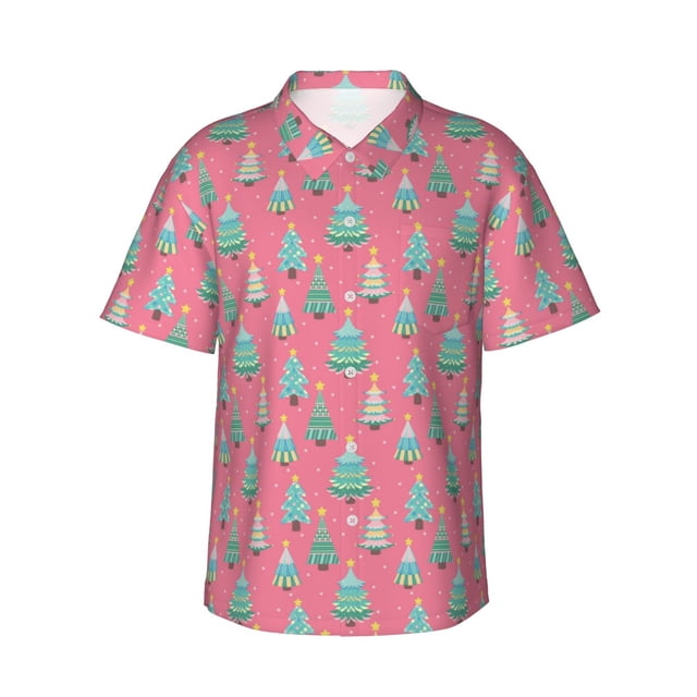 Balery Pastel Christmas Trees on Pink Camisas hawaianas de manga corta para hombre, camisas playeras de corte holgado, camisas de vacaciones con botones,3X-Large