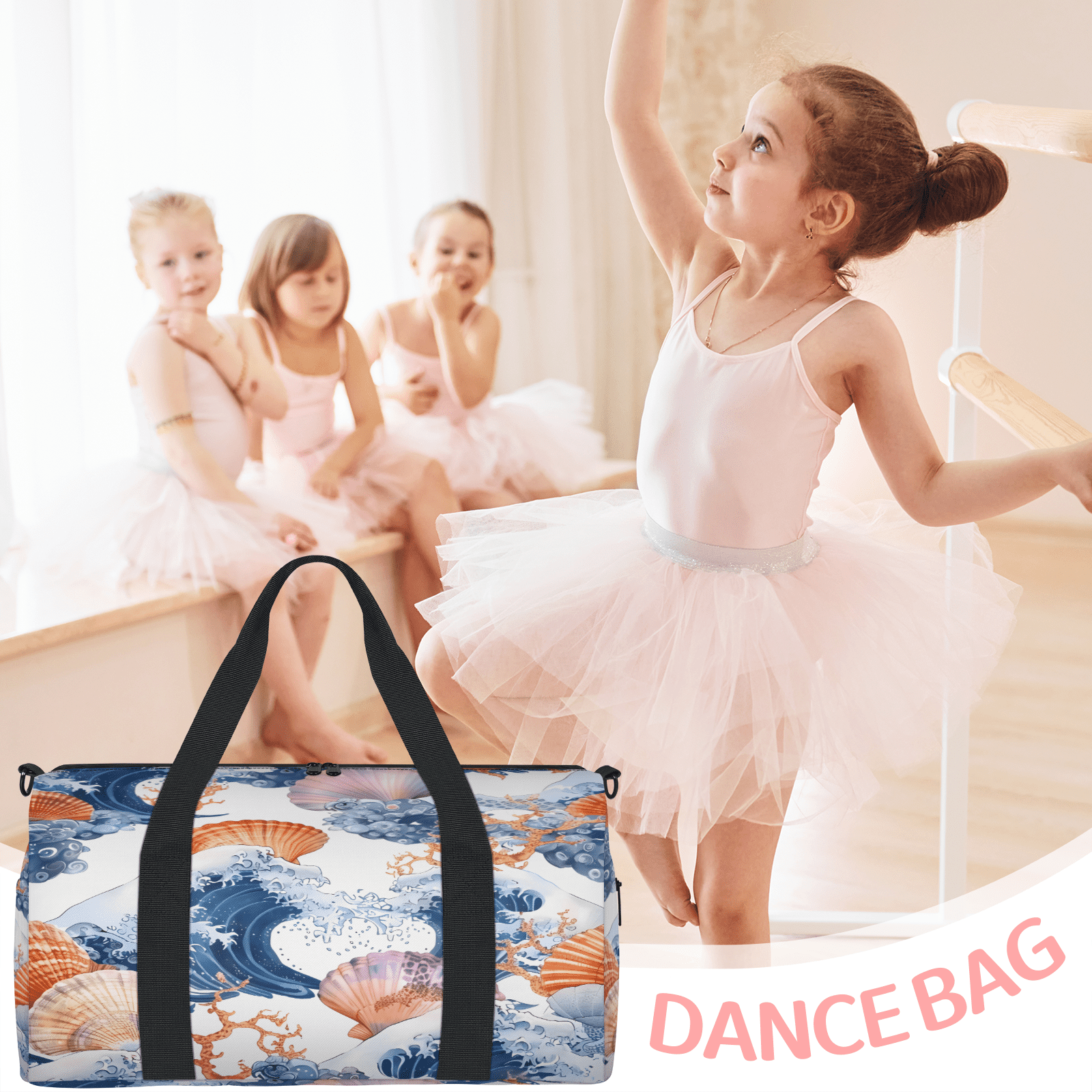 Herdesigns Nautical Coastal Starfish Seashell Gym Bag for Women, Duffle Bag for Travel Sport, Lightweight Waterproof Carry on Weekender Overnight Dance Yoga Workout Bags