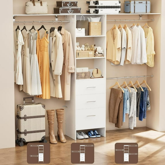 Closet System with Drawers, 8FT Walk in Closets Organizer with 3 Shelving Towers, 96" Wooden Storage Systems with Hanging Pods, Built-in Garment Rack for Bedroom