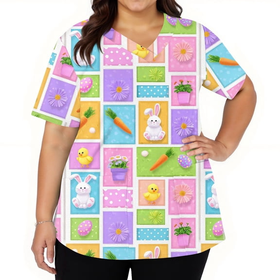 Fabrcox S-5XL Easter Bunny Eggs Print Holiday Scrubs for Women V Neck Short Sleeve Easter Stretch Nurse Uniform with Pocket
