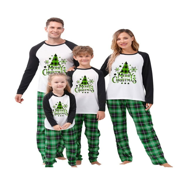 Family Matching Christmas Pajamas Set Tree Letter Print Neck Long Sleeve Tops Plaid Long Pants for Parents Kids