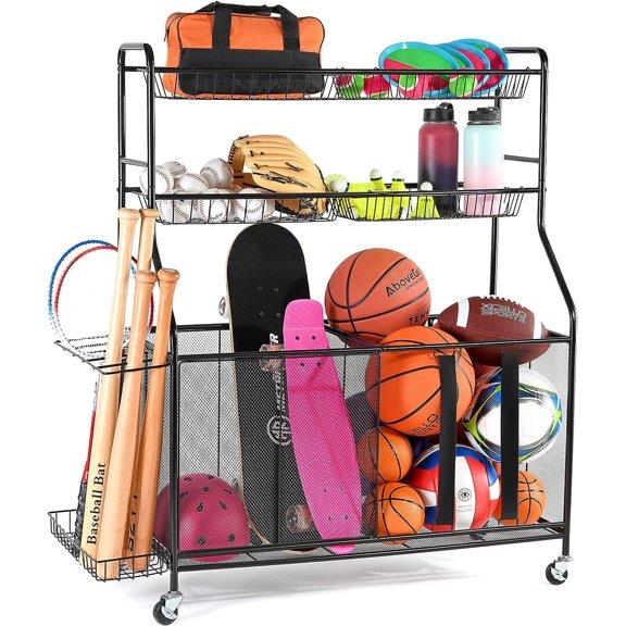 HOME IT Ball Rack For Garage - Indoor & Outdoor Garage Ball Organizer Holder with Baskets, Rolling Wheels & Breaks - Large Capacity Garage Sports Equipment Organizer - Heavy Duty Steel Storage Cart