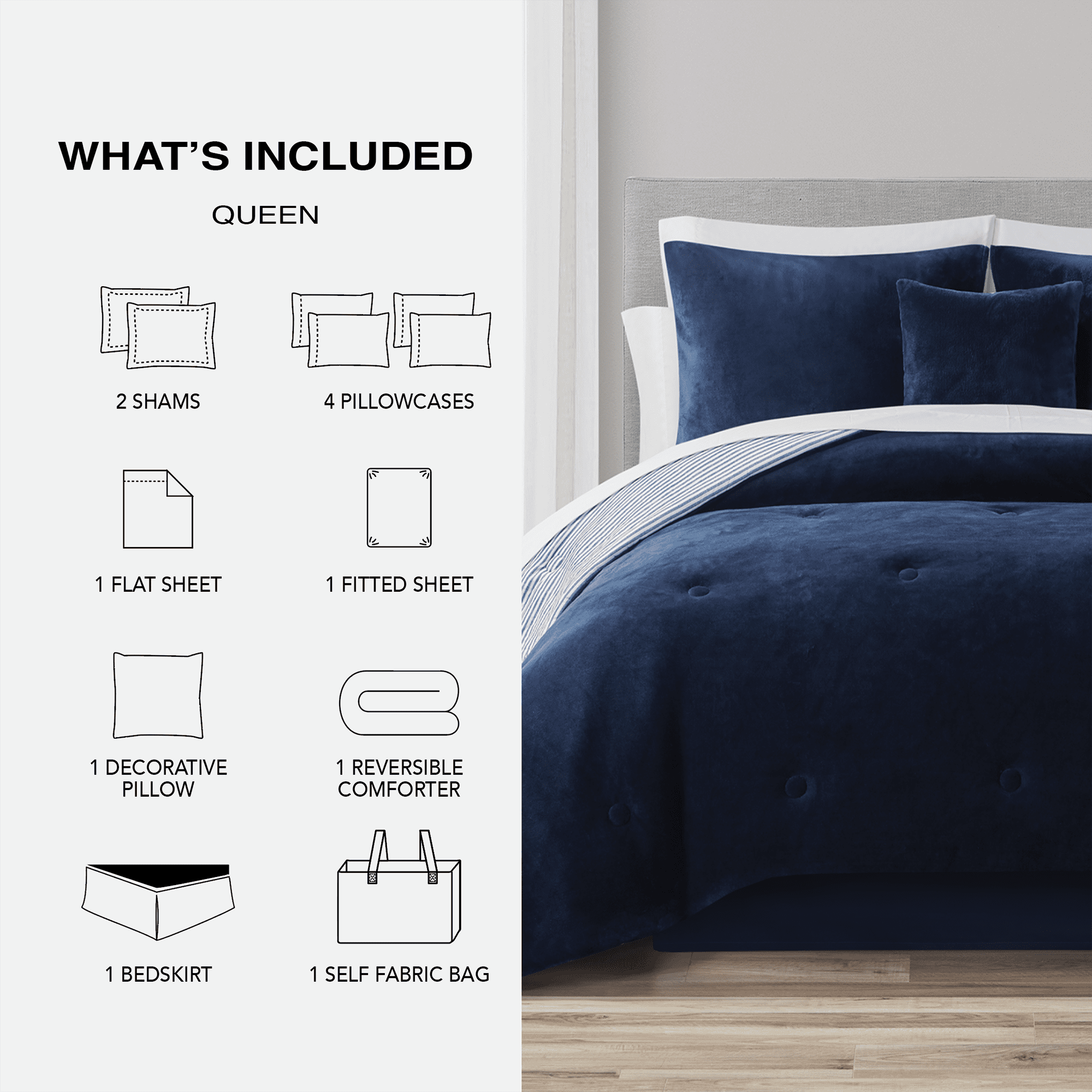 Mainstays 11-Piece Bed in a Bag Comforter Set with Sheets, Navy Microplush, Queen, Unisex