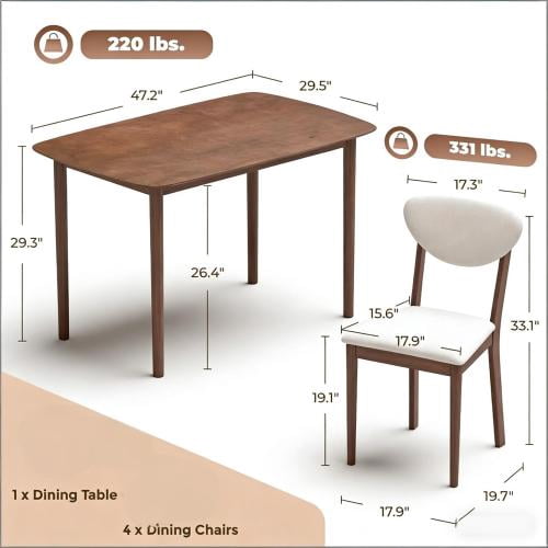 47-Inch 5-Piece Dining Table Set, Walnut Finish Table with 4 Cream White Upholstered Chairs, Space-Saving Compact Kitchen Dinette