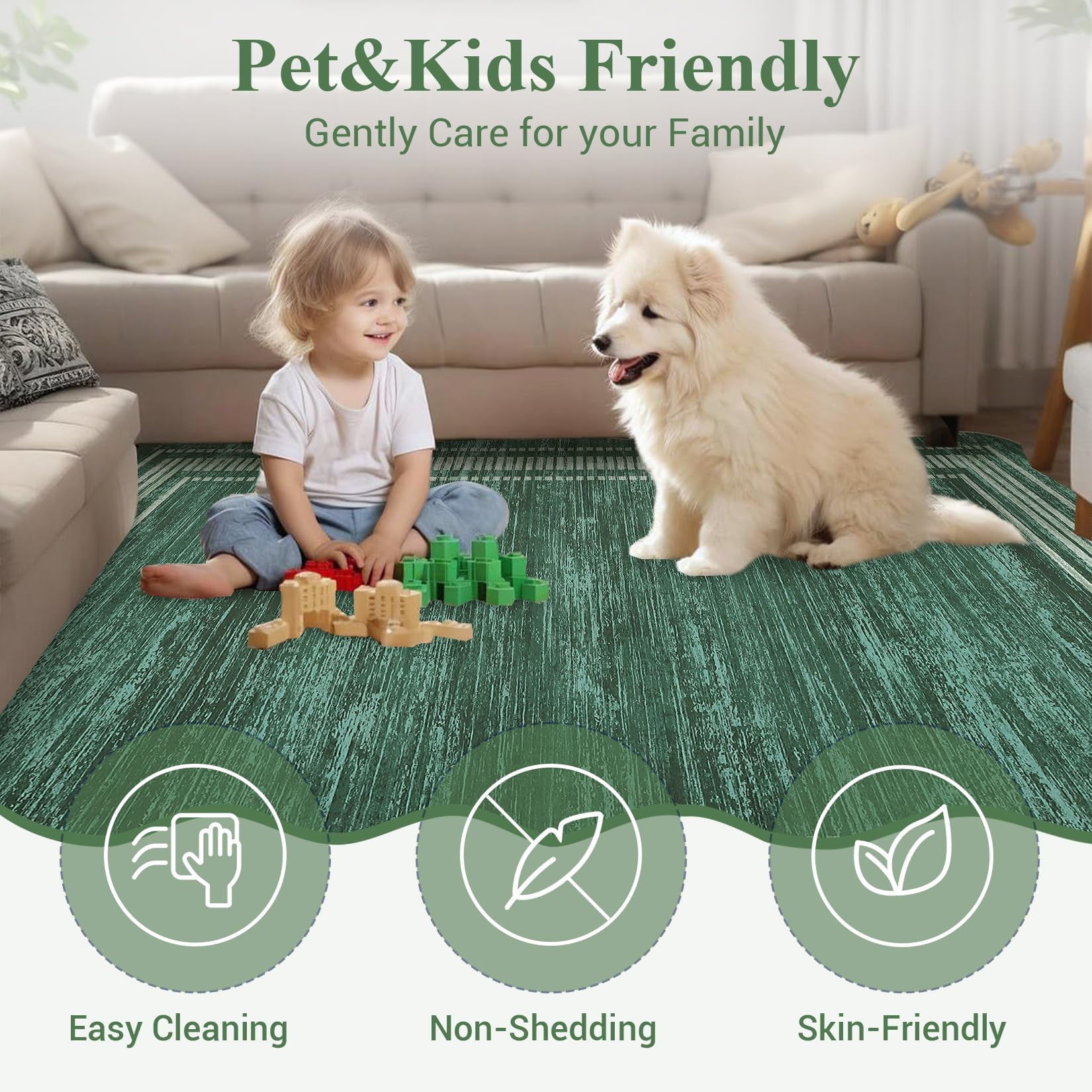 Scalloped Modern Christmas Area Rug 8x10 Washable Rug for Living Room, Non-Slip Soft Carpet for Bedroom, Scalloped Low-Pile Christmas Print Accent Rug for Dining Room Home Office, Green