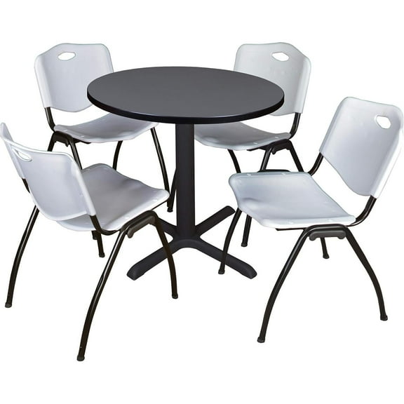 HomeStock Rustic Revival 30" Round Breakroom Table- Grey & 4 'M' Stack Chairs- Grey, Ideal for Cafeterias, Dining, and Office Spaces