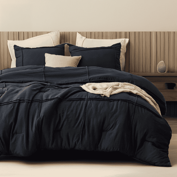 U by Bedsure Queen Comforter Set with Sheet - 4 Pieces Soft Black Bedding Sets, Grid Pinch Pleat, All Season Lightweight Fluffy Bed Set with Solid Boho Comforter, Pillowcases & Sheet