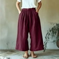 thumbnail image 2 of Simua Women's Wide Leg Faux Linen Pants Solid Color Elastic Waistband Button Cropped Baggy Trouser with Pockets, 2 of 7