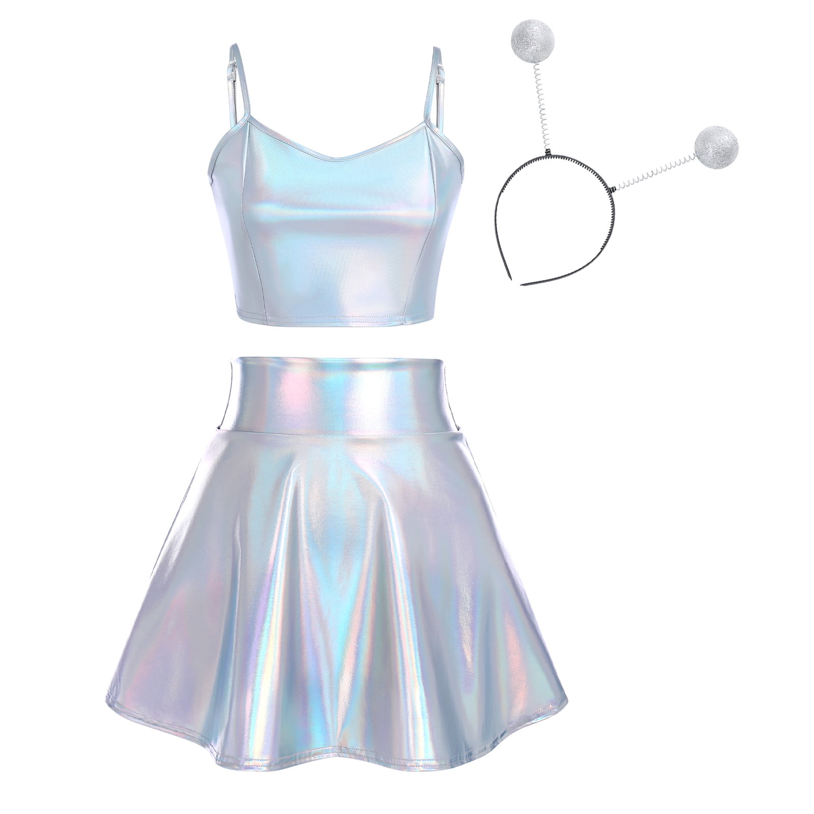 Women's Shiny Metallic Crop Top + Flared Skirt + Alien Headband