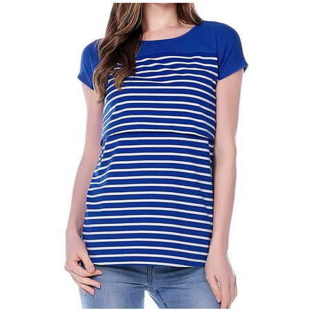 

asdoklhq Maternity Clothes for Women Clearance Maternity O-Neck StripeShort Sleeve Breast-Feeding Pregnant Woman Nursing Blouse