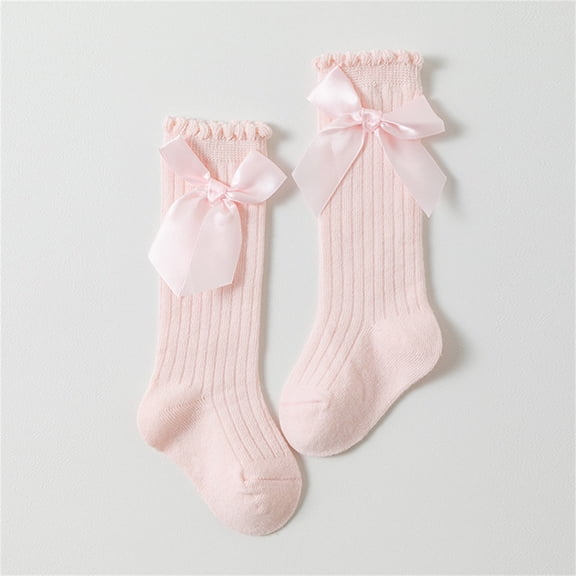 VONCOS Kids Girl Socks Knee High with Ruffle Cuff & Bow - Light Pink Soft Cotton Kids Dress Socks for 0-4 Years, Special Occasion & Everyday,Size S