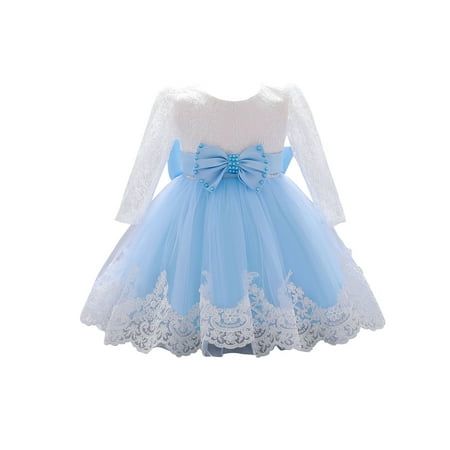 

Binpure Girl’s Casual Long-sleeved Dress Fashion Hollow Lace Mesh Yarn Stitching Bow Children’s A-line Princess Dress