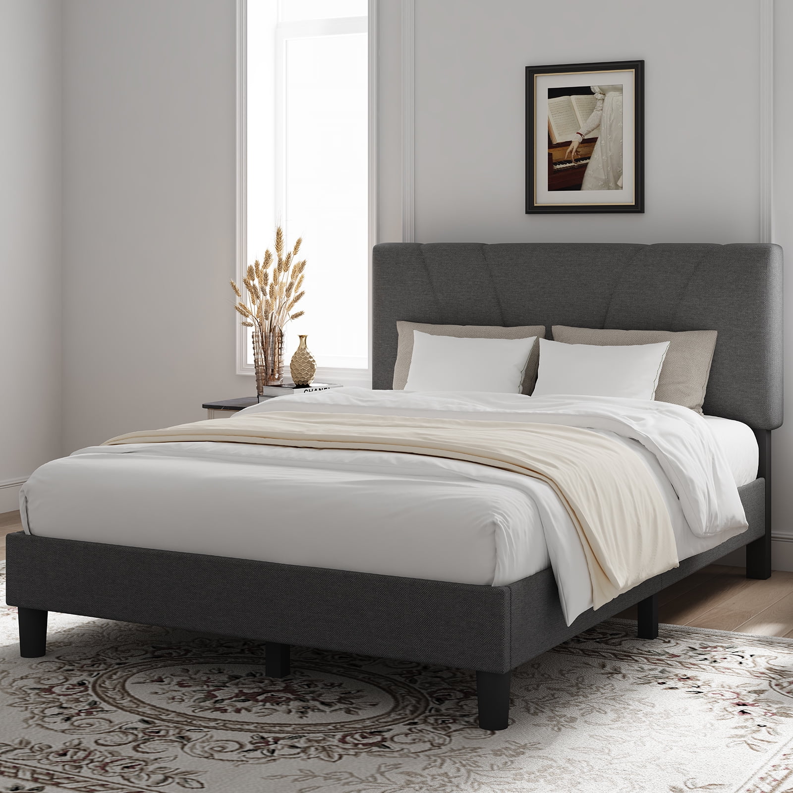 Novilla Queen Size Bed Frame Upholstered Platform Queen Bed Frame with Adjustable Headboard, Strong Weight Capacity, No Box Spring Needed, Easy Assembly, Grey