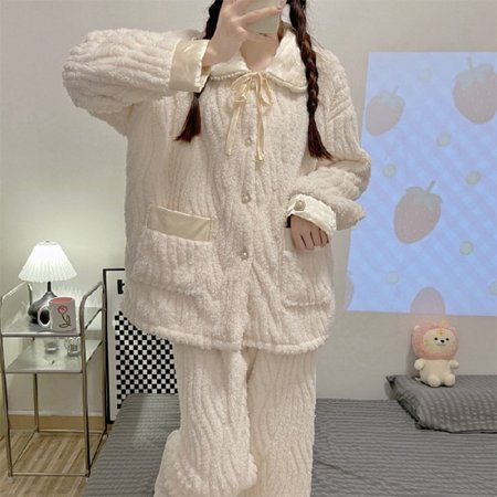 

CoCopeaunt Winter Pajama Sets Women Coral Velvet Ruffles Thermal Simple Single Breasted Fuzzy Nightwear Cute Tender Ins Stylish Sleepwear
