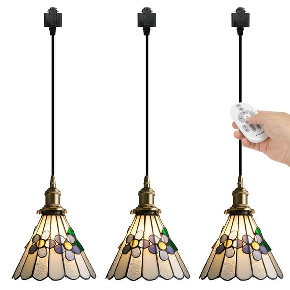 Kiven H-Type Track Lighting Pendants Dimmable,Tiffany h Track Pendant Lights with Stained Glass Lampshade,Decorative Track Lighting Fixture for Hallway Restaurant Kitchen Island(3-Light)