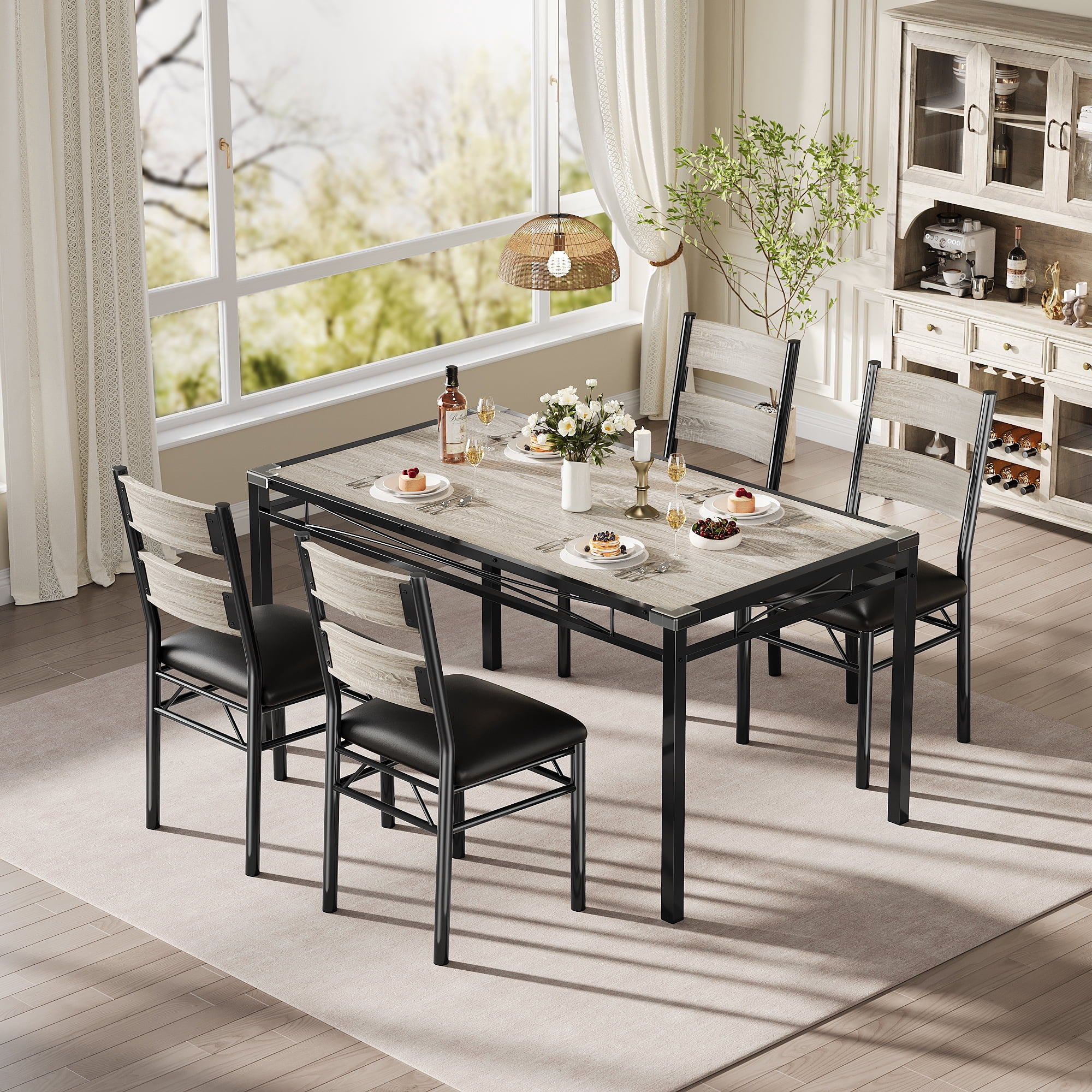 Space-Saving 4-Piece Dining Table Set – Wood Table & Upholstered Chairs with Corner Protectors – Modern Apartment or Breakfast Nook Furniture – Vintage Grey, 1 Table + 4 Chairs (Color: grey
