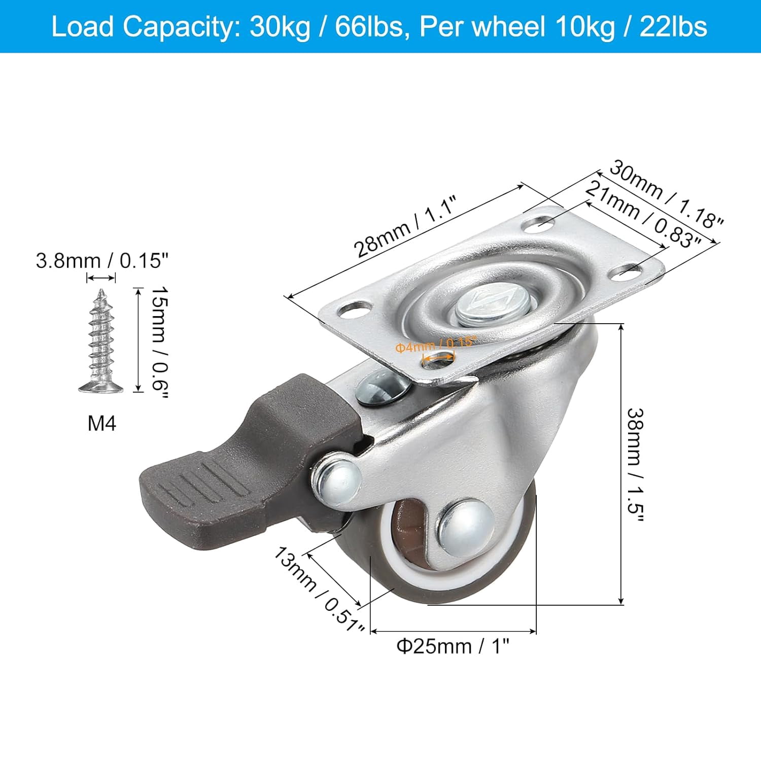 FRKSMD-1" Mini Swivel Caster Wheels with Brake, 4Pcs Chrome-Plated Top Plate TPR Silent 360° Wheel with Screws Total Load Capacity 66 Lbs for Furniture Workbench Trolley, Brown