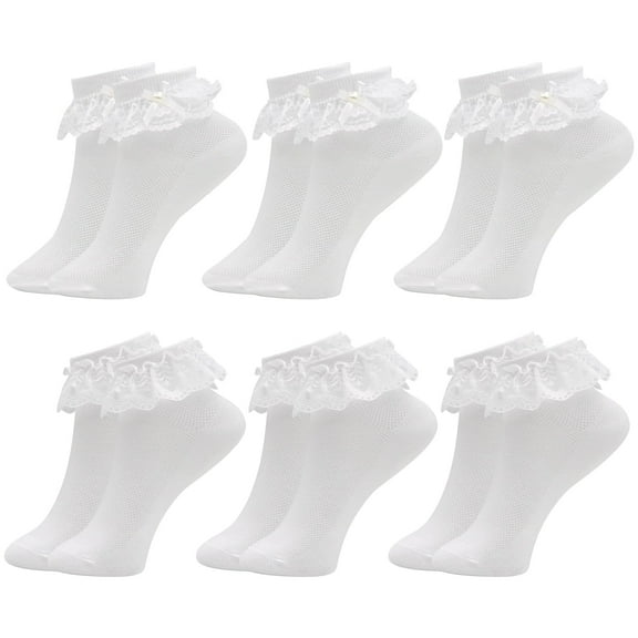 VEGCOO 6 Pairs Girls White Frilly Socks, Cute Cotton Ruffled Trim Ankle School Socks, Comfortable Girls Frilly Ankle Socks, Vintage Bows Kids Frilly Socks, Beautiful White Communion Socks for Girls
