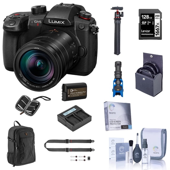 LUMIX GH5II Mirrorless Camera with Leica 12-60mm Lens Bundle with 128GB SD Card, Backpack, 2x Extra Battery, Dual Charger, Shoulder Strap, Mic, Filter Kit and Accessories