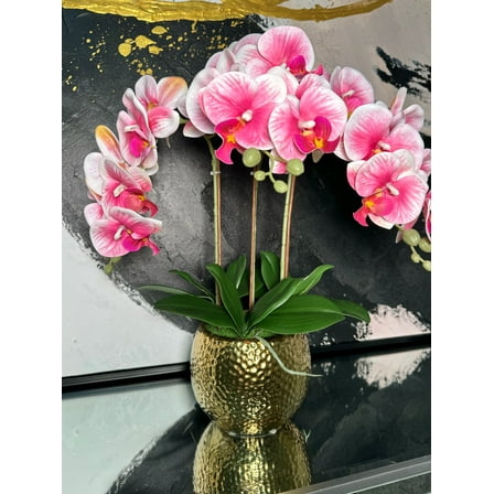 Selina Pink Phalaenopsis Floral Orchid Arrangement in Gold Ceramic Round Hammered Vase