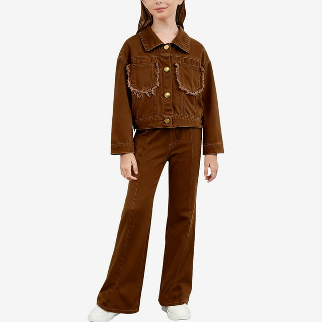 Conjunto de dos piezas de mezclilla de invierno para niños con cuello vuelto y manga larga, chaqueta de solapa de manga larga y pantalones vaqueros de pierna ancha con forro polar para mayor calidez,