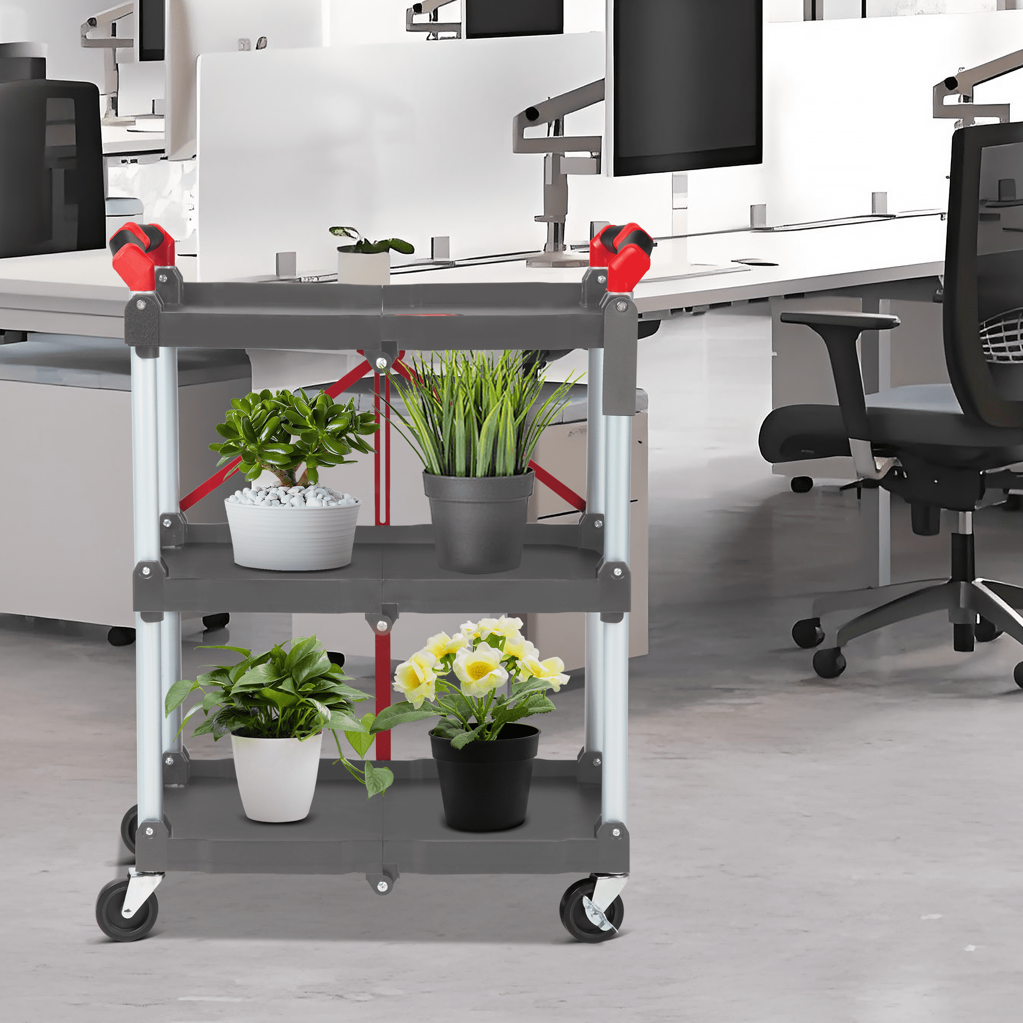 Amkui 3 Tier Portable Folding Service Cart with Wheels 150 lbs Load Capacity Foldable Utility Cart Collapsible Rolling Carts for Home Office Kitchen Garage