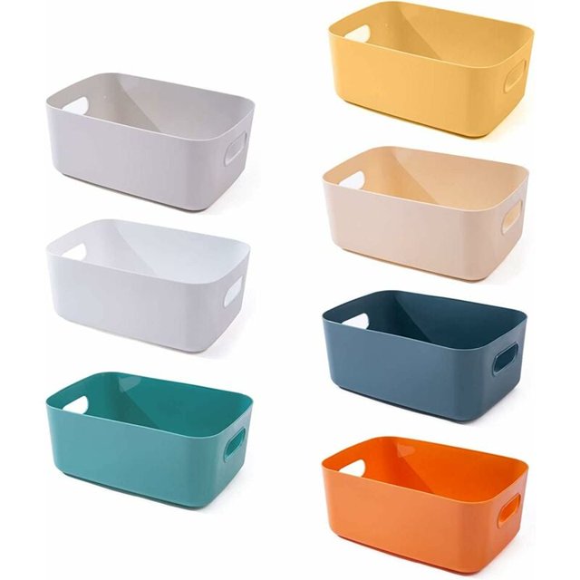 Plastic Storage Basket, 7 Pack Stackable Storage Baskets with Handles for Kitchen Shelf, Bathroom, Nursery, Closet and Office