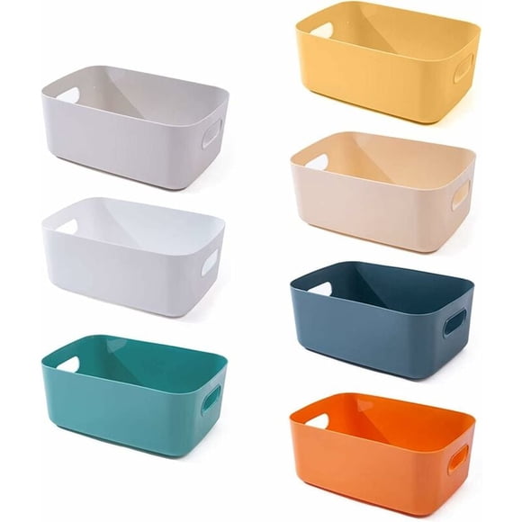 Plastic Storage Basket, 7 Pack Stackable Storage Baskets with Handles for Kitchen Shelf, Bathroom, Nursery, Closet and Office