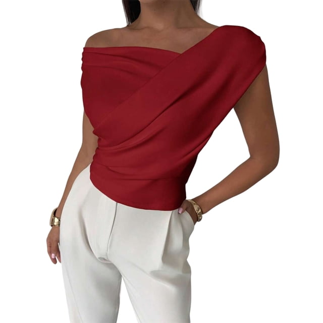 Top Corto de Verano con Hombros Descubiertos para Mujer, , Sin Mangas, con un Solo Hombro Fruncido, Estilo Y2K, para Salir Vino Tinto S