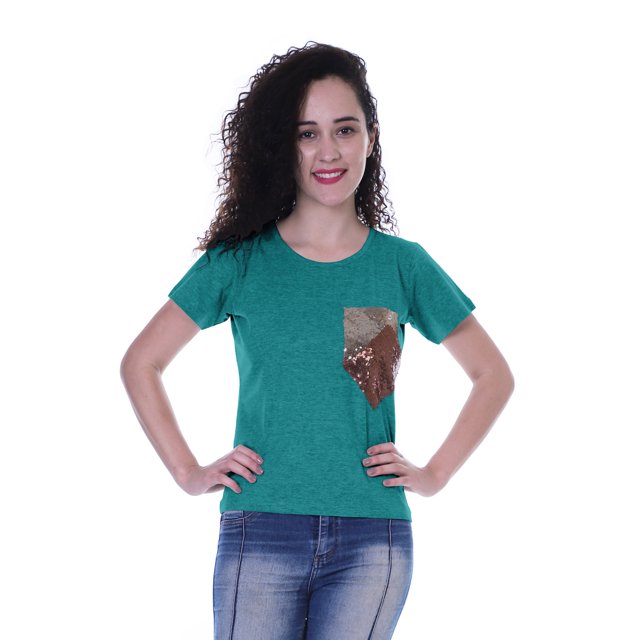 Moomaya T-shirt à Col Rond pour Femmes à Manches Courtes avec Poche Appliquée à Paillettes - C6
