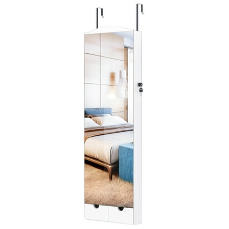 Jewelry Cabinets With Mirror Wall and Door Mounted Jewelry Armoire with Frameless Mirror and 10 LED Lights, Lockable Jewelry Cabinet Organizer with Large Storage Capacity Full-Length Mirror and 2 Drawers (White) ()
