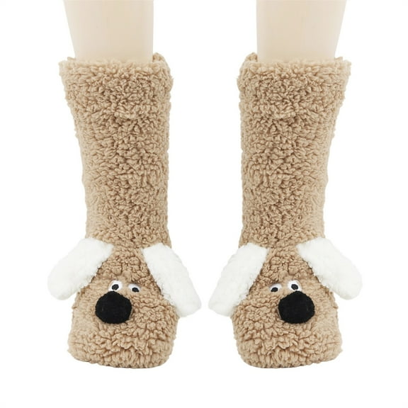 workcargo Coffee Plush Fluffy 3D Dog Face Socks - Warm Cozy Non-Slip Cuffed Indoor Loungewear Socks for Adults, One Size Fits Most Pet Lover Socks,Size Free Size