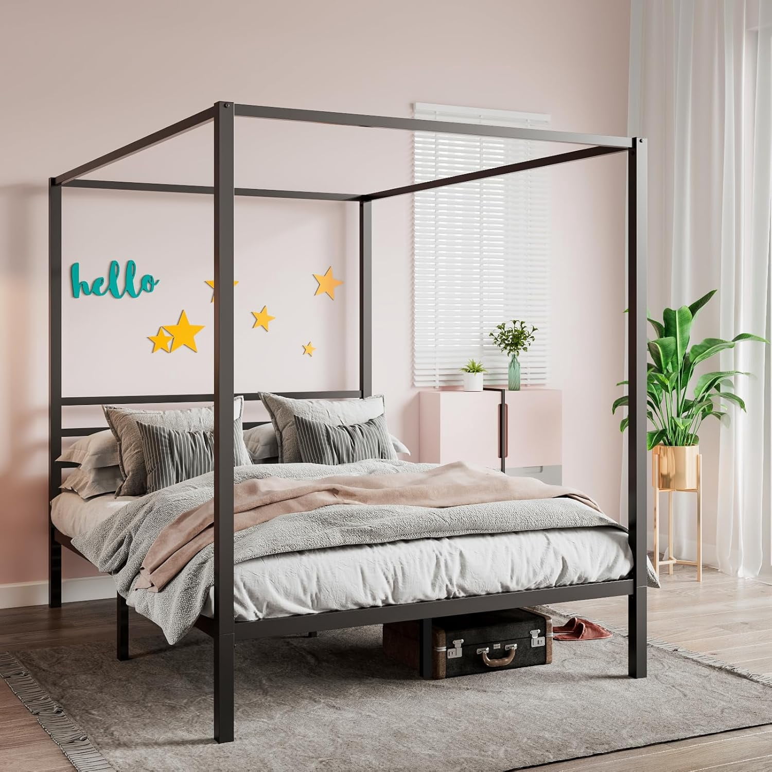 SHA CERLIN Queen Size Canopy Bed Frame with Metal Slats Support, Black