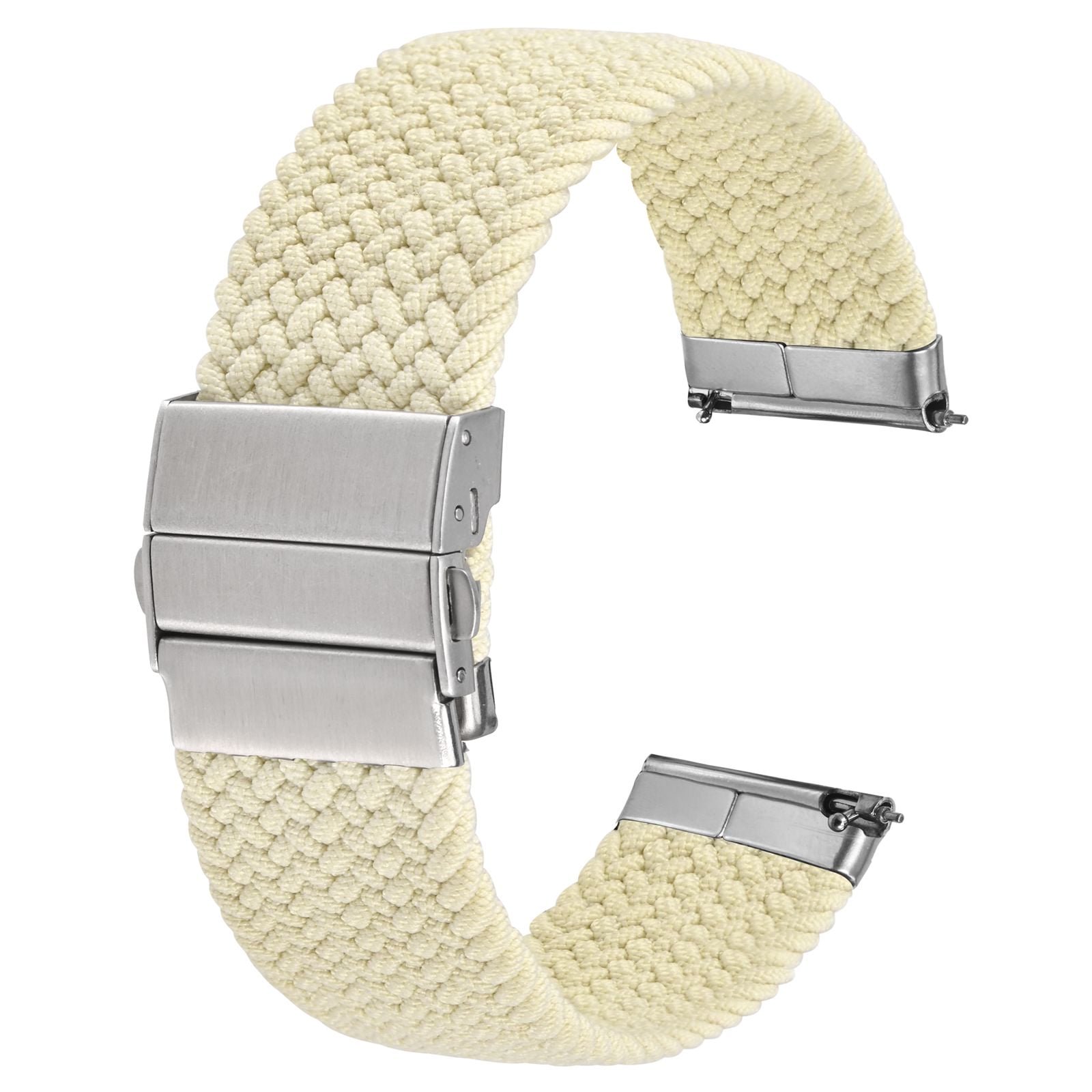 Braided Nylon Watch Strap, 18mm Stretchy Replacement Band, Off-white with Silver Push Button Folding Clasp