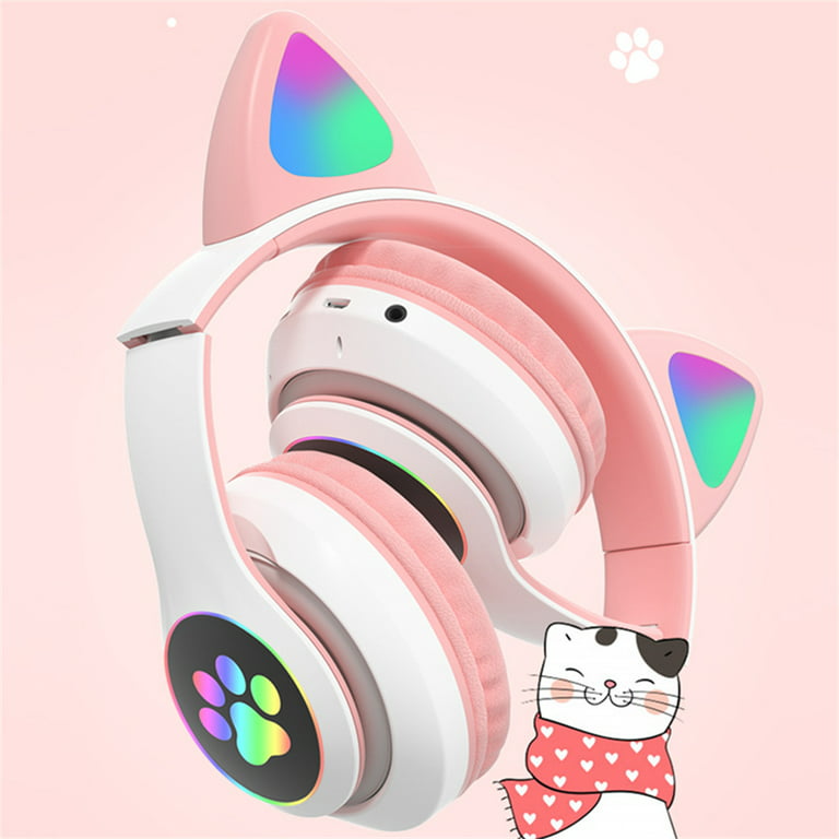 Led Flash Cute Cat Ears Auriculares inalámbricos con micrófono estéreo  Compatible con Bluetooth Soporte Tf Tarjeta para niños Niña Regalo de  música