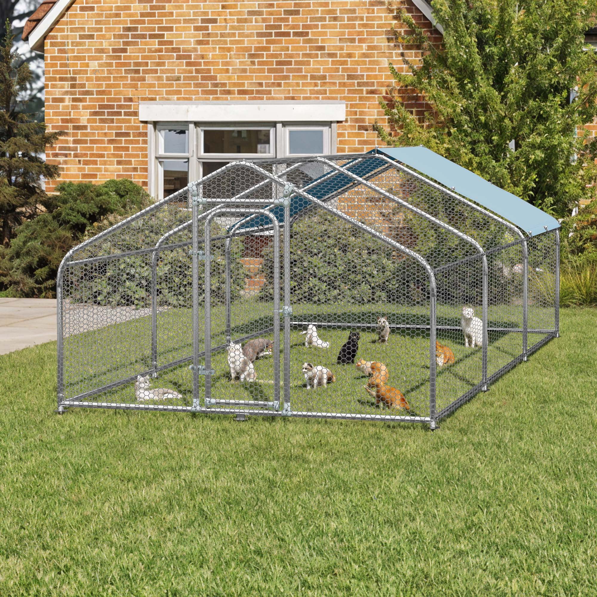 Uforic Chicken Run Coop 19.7 x 9.8 x 6.4 FT Large Metal Chicken Coop, Walk-in Hen Cage, Outdoor Poultry Cage with Waterproof Anti-UV proof Cover and Wire Mesh for Backyard,Outdoor Farm Use