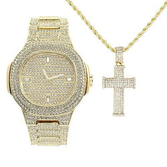 Charles Raymond Bling-ed Out Rapper Favorites - Ice'd Pendant with Gold Necklace and Fully Bling'd Out Luxurious Gold Watch Set - NW2021 (8976 Gold w/3D- Cross)