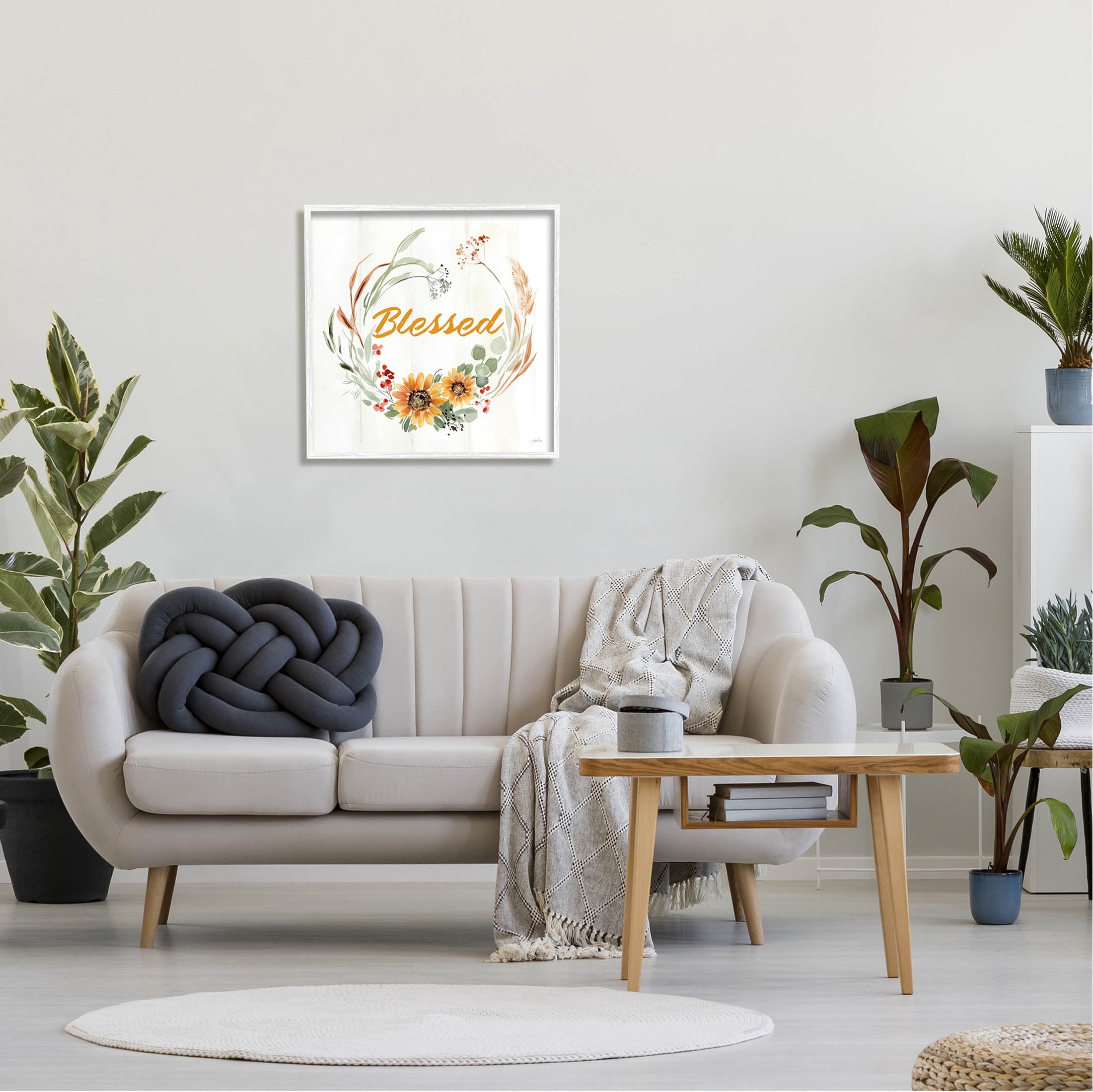 Stupell Industries Blessed Farmhouse Wreath Phrase Graphic Art White Framed Art Print Wall Art, Design by Katrina Pete