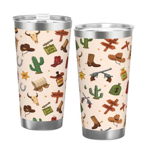 20oz Wild West Cowboy Tumbler with Handle and Straw Stainless Steel Insulated Travel Coffee Cup Western Gift with Double Silver Rim