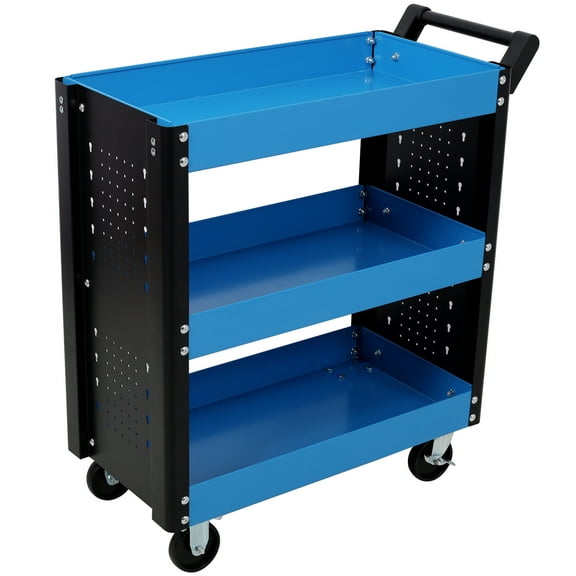 Lisonu 3-Tier Rolling Tool Cart, Heavy-Duty Steel Utility Cart with Pegboard and Lockable Wheels, Mobile Organizer for Garage, Workshop & Repair Shop, Blue