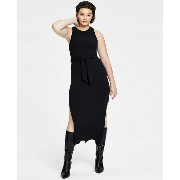 Bar III Womens Ribbed Midi Dress Deep Black XS