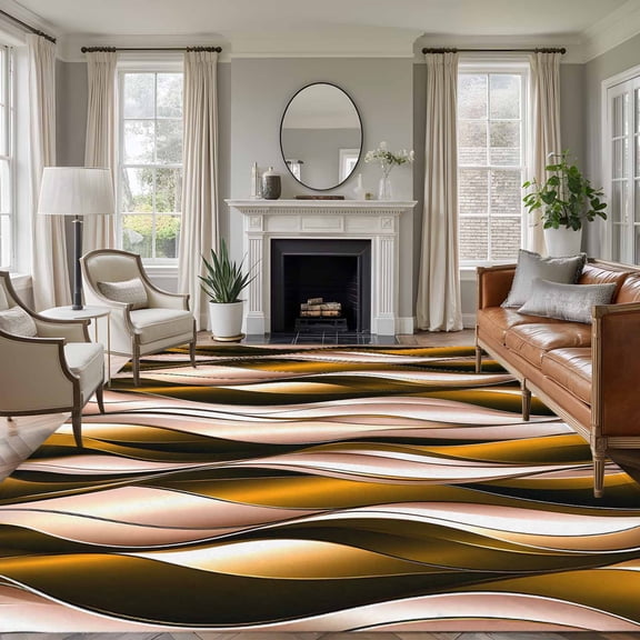 Area Rug for Living Room, Brown Striped Ombre Non-Slip Indoor Large Carpet for Bedroom/Dining Room, Modern Brown Moire Geometric Washable Low-Profile Rectangle Floor Runner Rugs - 5 x 7 Ft