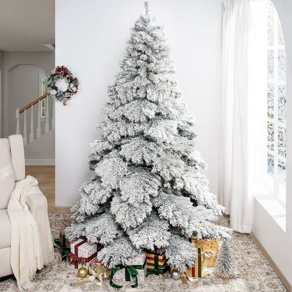 Brittany Snow Flocked Christmas Tree Prelit with 892 Branch Tips, Realistic Nevada Frosted Christmas Tree with Lights by Naomi Home-Color:Snow Flocked,Height:7.5ft