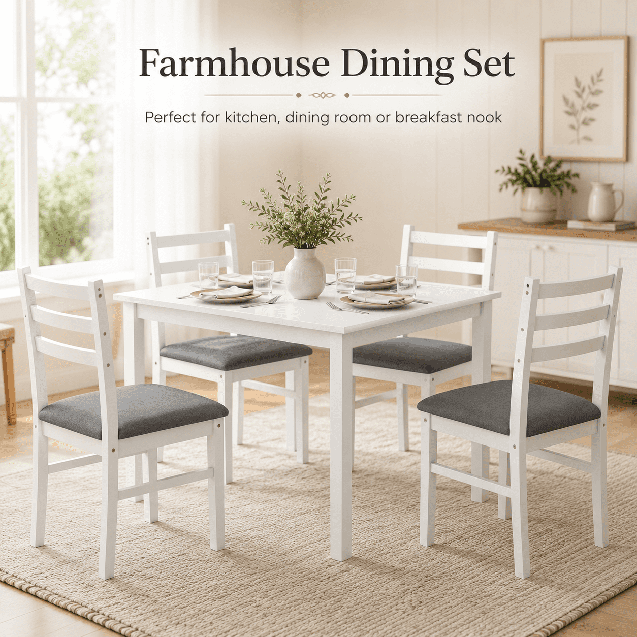 Aukfa 5-Piece Farmhouse Dining Table Set with 4 Chairs,Space-Saving Apartment/Breakfast Nook Furniture, White