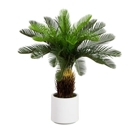 Nearly Natural 30in. UV Resistant Artificial Cycas Palm Tree in White Decorative Planter (Indoor/Outdoor)