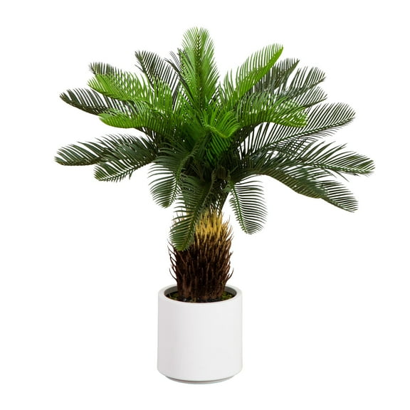 Nearly Natural 30in. UV Resistant Artificial Cycas Palm Tree in White Decorative Planter (Indoor/Outdoor)