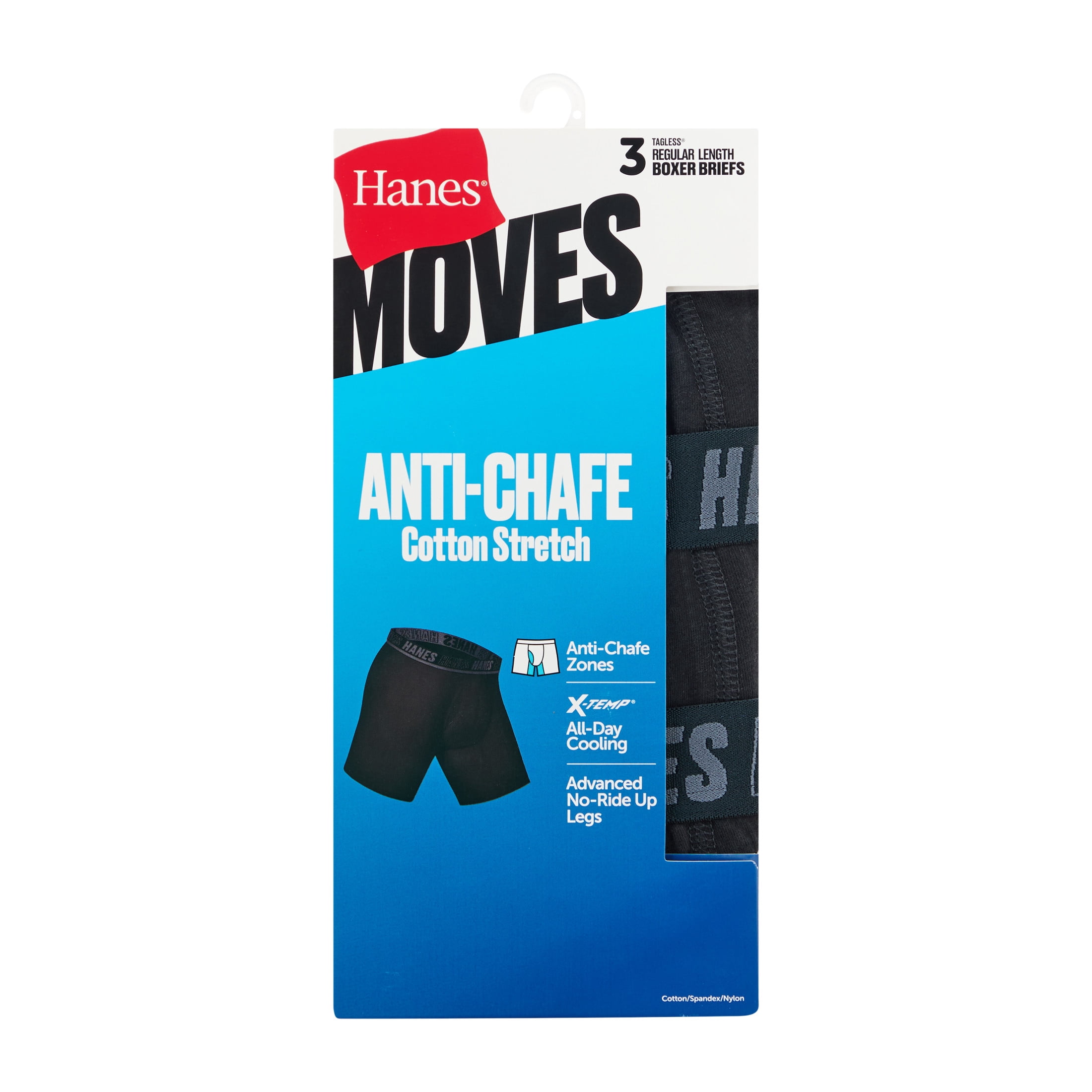 Hanes Mens Underwear Boxer Briefs, 3-Pack, Moves Anti-Chafe Boxer Briefs