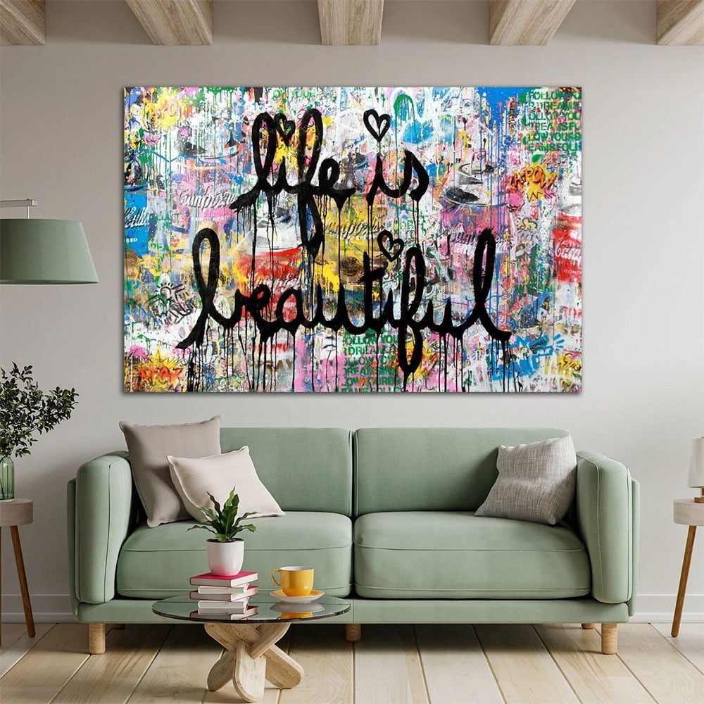 Banksy Canvas Wall Art Life is Beautiful Graffiti Abstract Painting Posters and Prints for Home Decor Living Room Office, Framed Ready to Hang(40" W x 30" H，Framed)