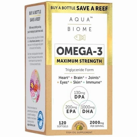 Aqua Biome by Enzymedica, Fish Oil Maximum Strength, Complete Omega 3 Supplement, DHA, EPA, DPA, Gluten Free & Non-GMO, 120 softgels (60 servings)